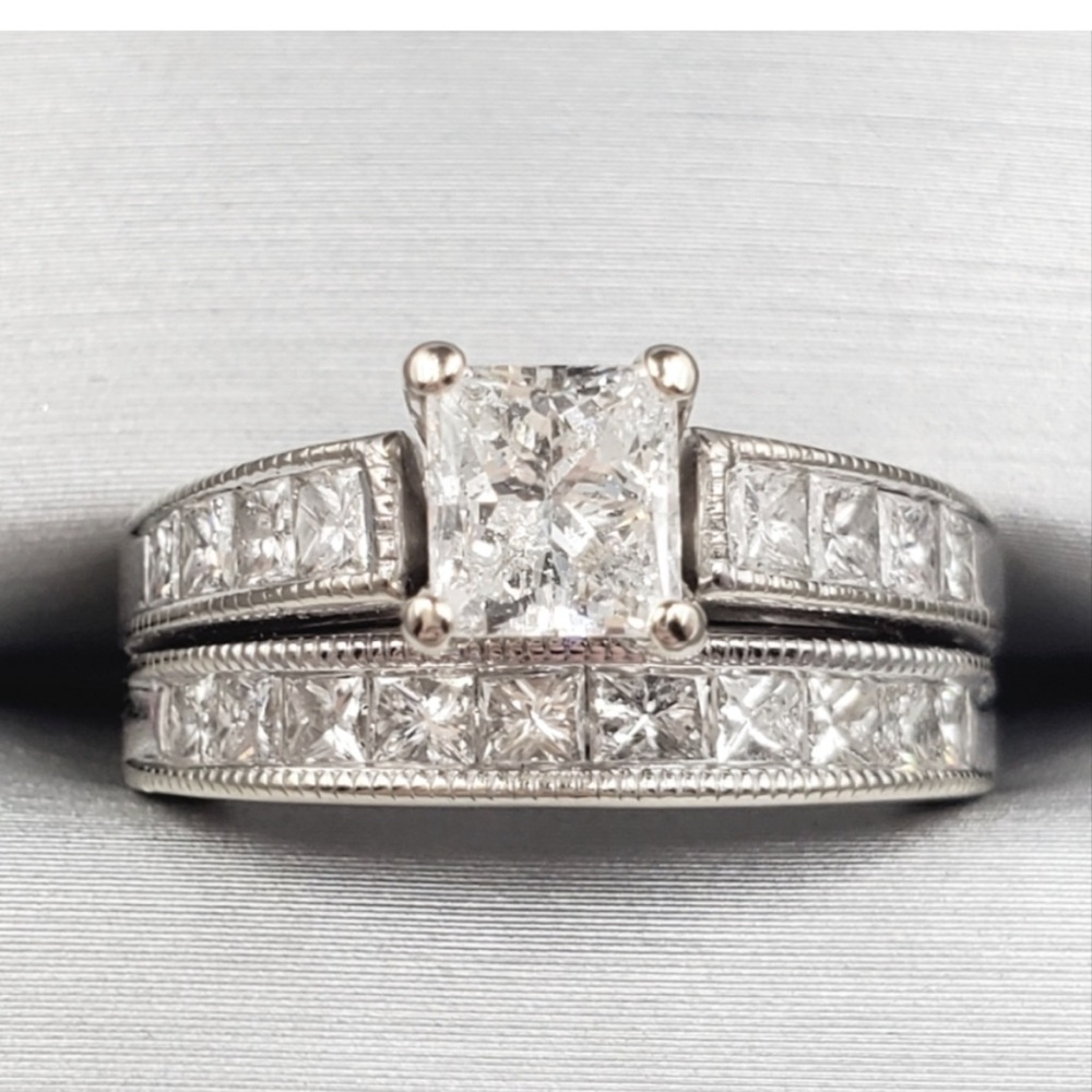 14k Solid White Gold Genuine 2 Carat tw Diamond Engagement & Wedding Ring Set